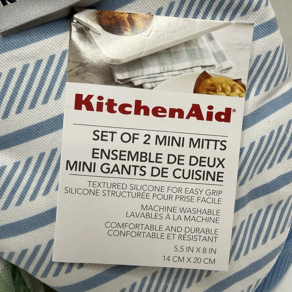 NEW KitchenAid Mini Oven Mitts 4 Pack Green Gingham Blue Stripe Silicone Grip